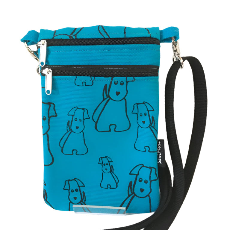 Mobile phone bag made of hand-printed cotton fabric with a dog pattern