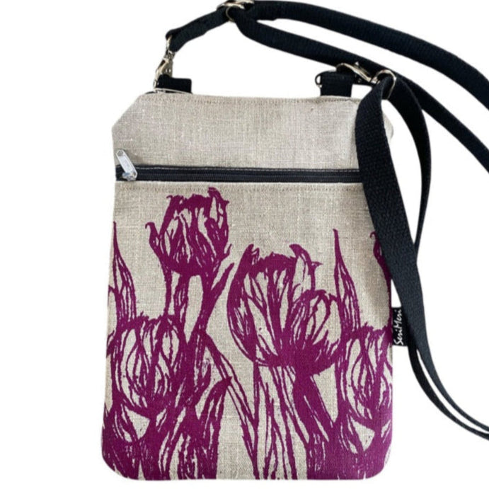 Shoulder bag with side pocket, Tulip print, beige linen fabric