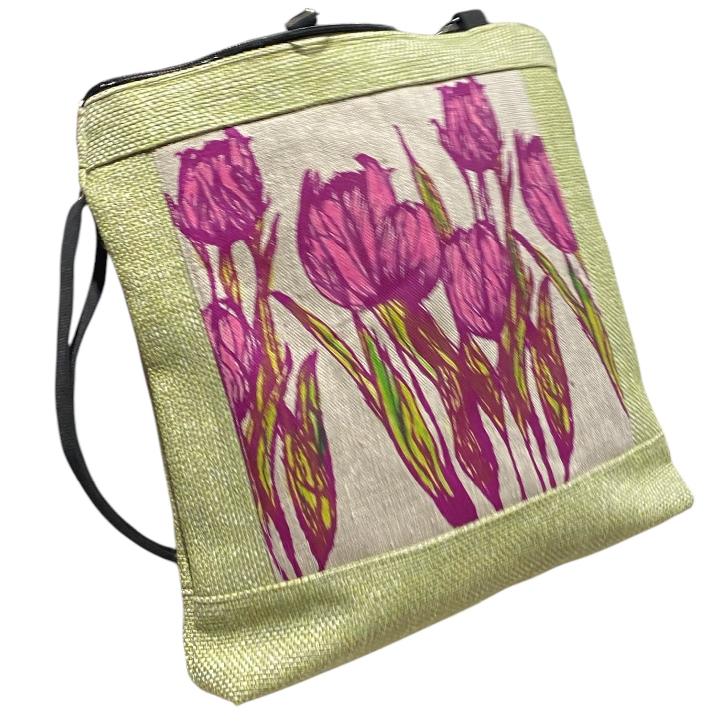 Unique art bag, hand-painted canvas, pink and green tulips,  rectangular model