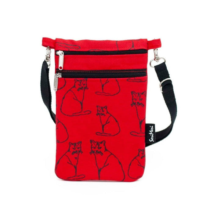 Mobile phone bag made of hand-printed cotton fabric with a cat pattern