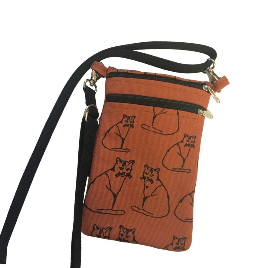 Mobile phone bag made of hand-printed cotton fabric with a cat pattern