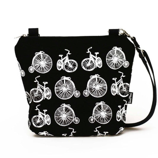 Shoulder bag made of hand-printed cotton fabric with a bicycle pattern