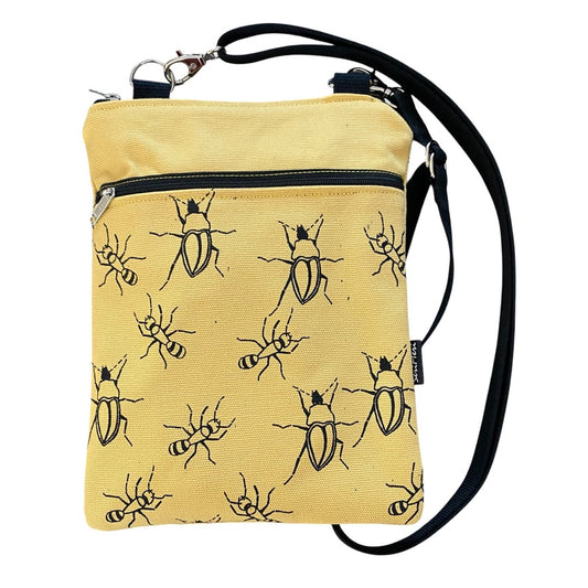 Shoulder bag with front pocket, yellow cotton fabric with bug pattern