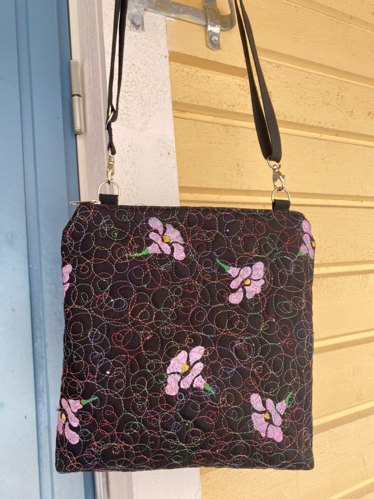 Unique hand-painted art bag, pink flowers, rectangular model