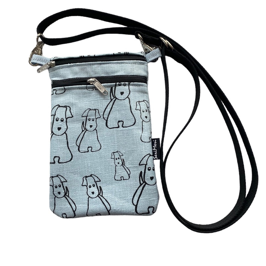 Mobile phone bag made of hand-printed cotton fabric with a dog pattern