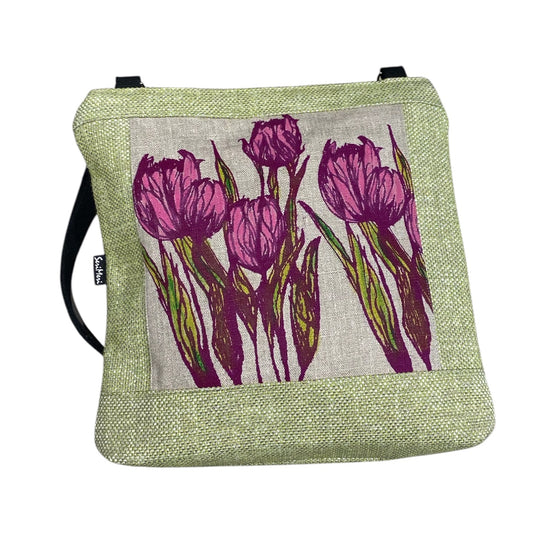 Unique art bag, hand-painted canvas, pink and green tulips,  rectangular model