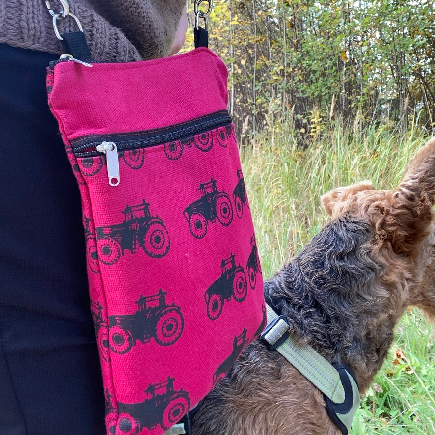 Shoulder bag with front pocket, Tractor print, Raspberry red