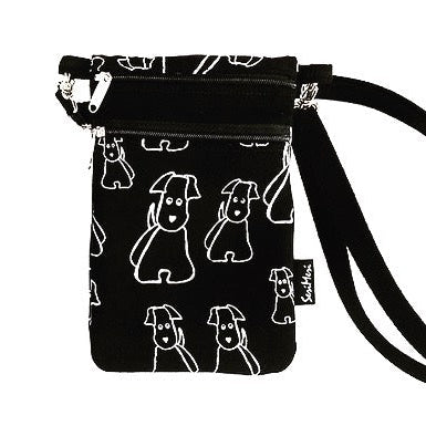 Mobile phone bag made of hand-printed cotton fabric with a dog pattern