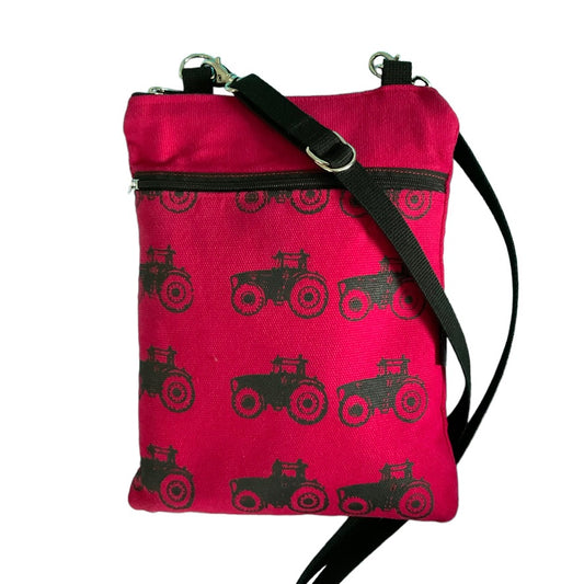 Shoulder bag with front pocket, Tractor print, Raspberry red