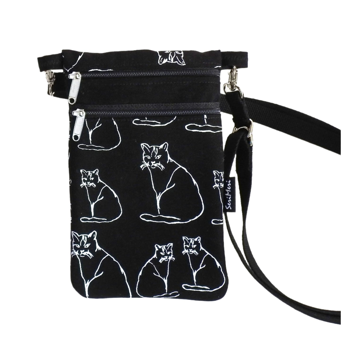 Mobile phone bag made of hand-printed cotton fabric with a cat pattern