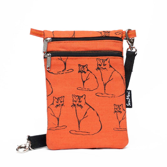 Mobile phone bag made of hand-printed cotton fabric with a cat pattern