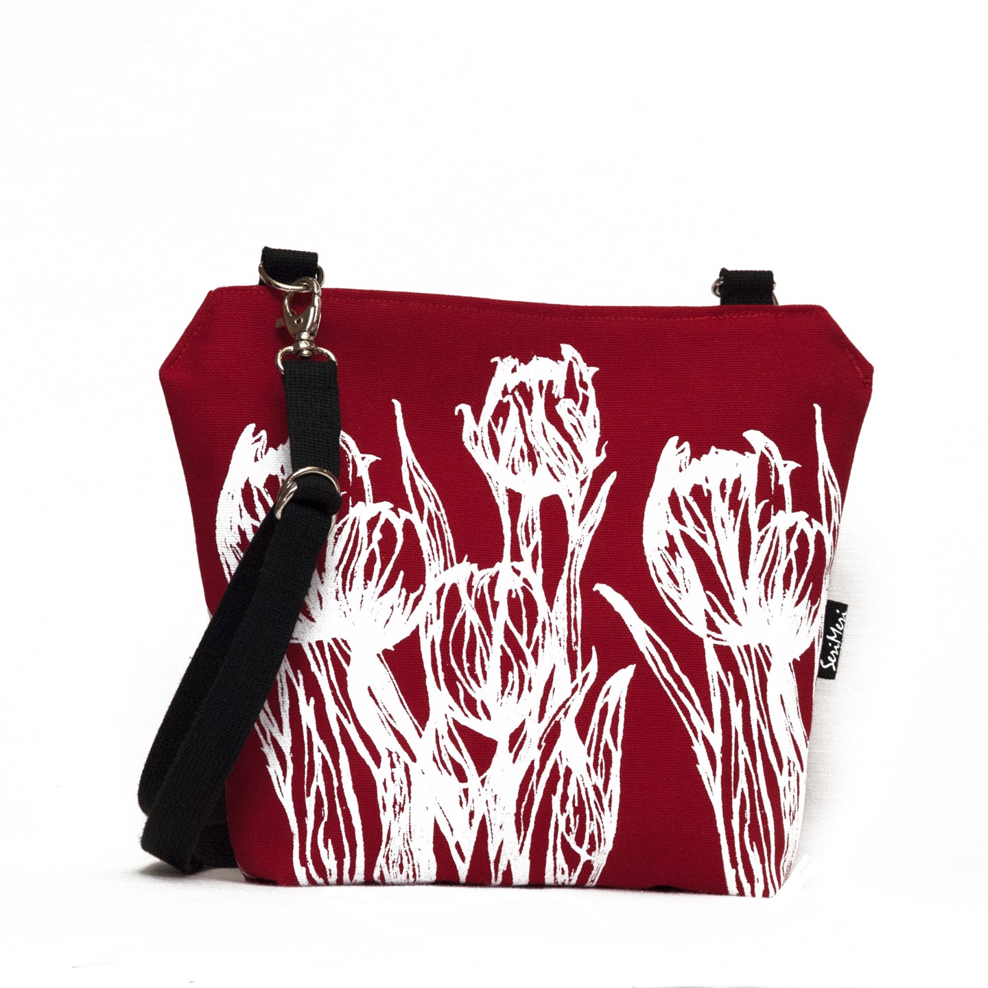 Shoulder bag made of hand-printed cotton fabric with a tulip pattern